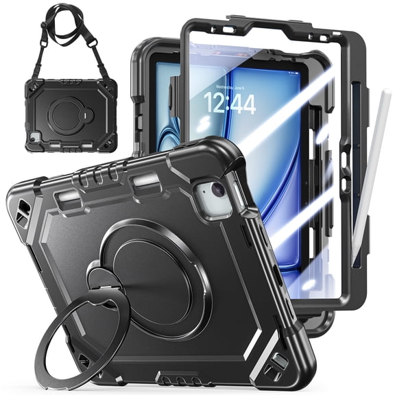 Dteck Case for iPad Air 11 Inch Case (M4/M3/M2) 2026/2025/2024, for iPad Air 5th/4th Gen Case 10.9 Inch, with Screen Protector, Rotate Handle Stand Shoulder Strap,Black