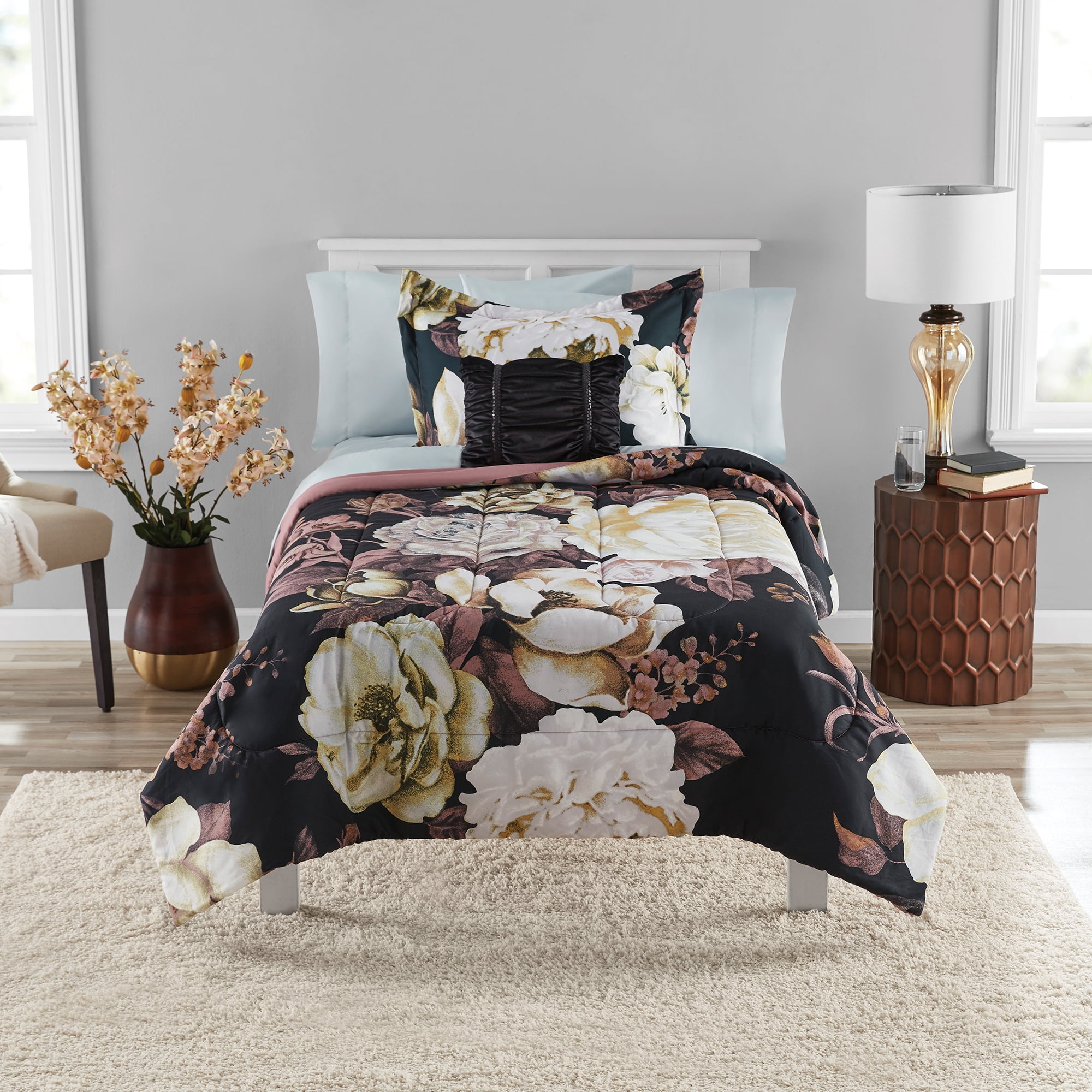 Mainstays Black Floral Bed in a Bag Coordinated Comforter Bedding Set