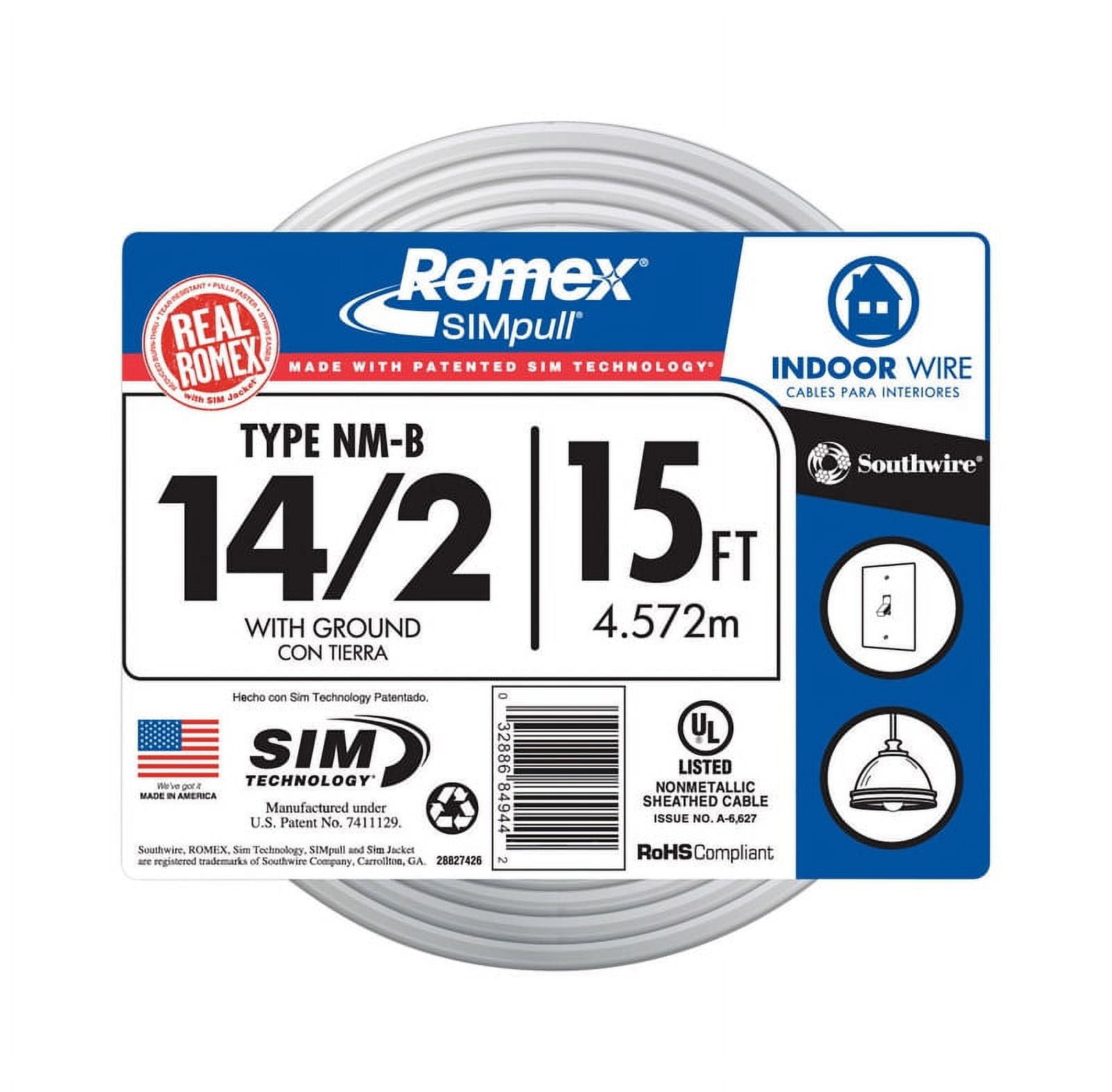 Southwire, Romex Electrical Wire 14/2, 15' Copper NMW G UL Listed