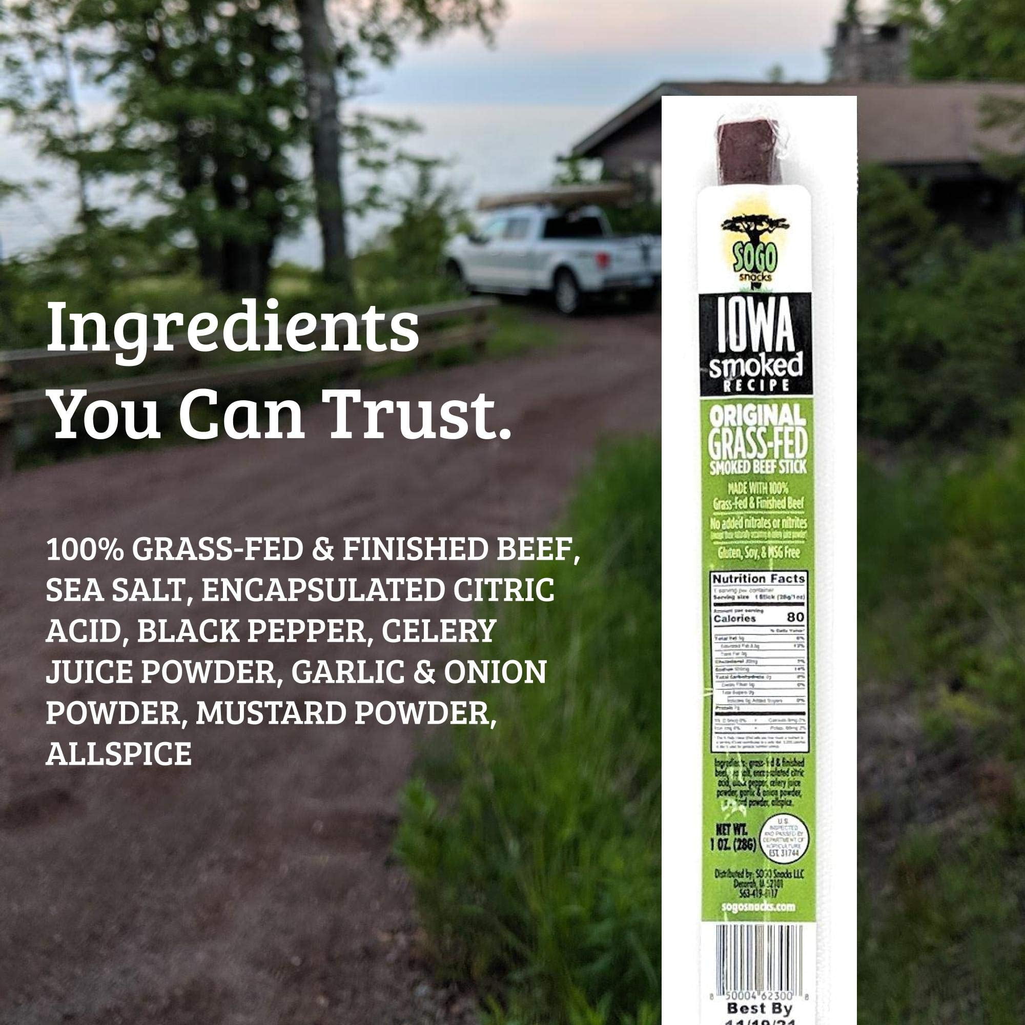 Original, Sogo Snacks Iowa Smoked, No Sugar, 100% Grass-fed/finished, Non-GMO Beef Sticks. No Added Nitrates, Gluten, Soy, MSG, Dairy, Nuts. Keto, Paleo Friendly (Original-ISR, 1-oz, 72 Cnt)