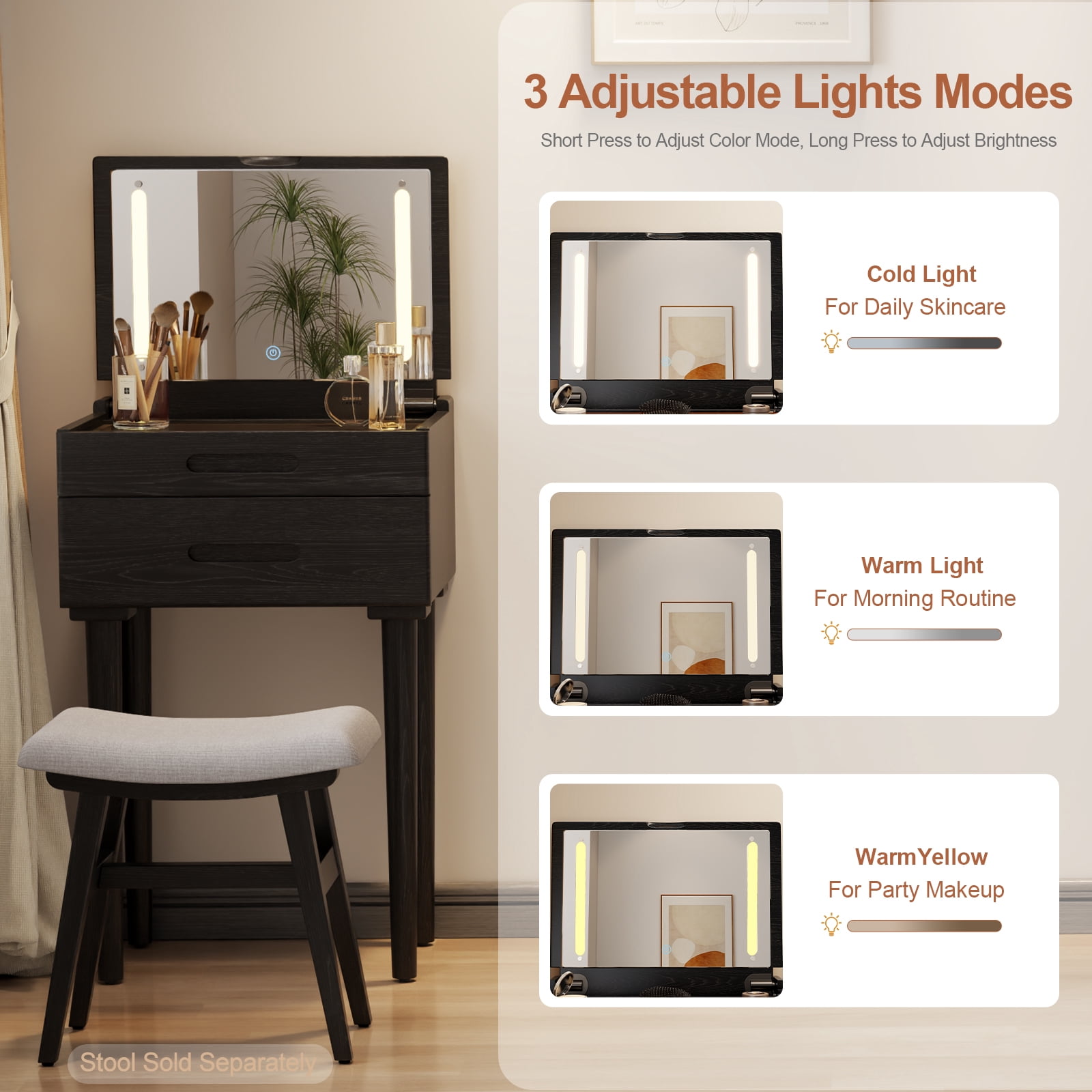 Muwuele Solid Wood Vanity Desk with Flip Top Mirror, Small Makeup Vanity with  Stool, Brightness Adjustable Lights, Compact Dressing Table for Bedroom, Living Room, Black