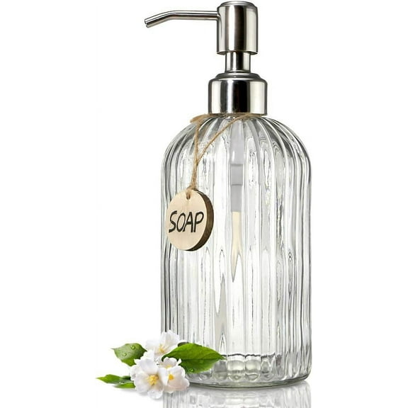 UniVerse 18 Oz Clear Glass Soap Dispenser with Rust Proof Stainless Steel Pump, Refillable Liquid Hand soap Dispenser for Bathroom, Premium Kitchen Soap Dispenser (Clear).