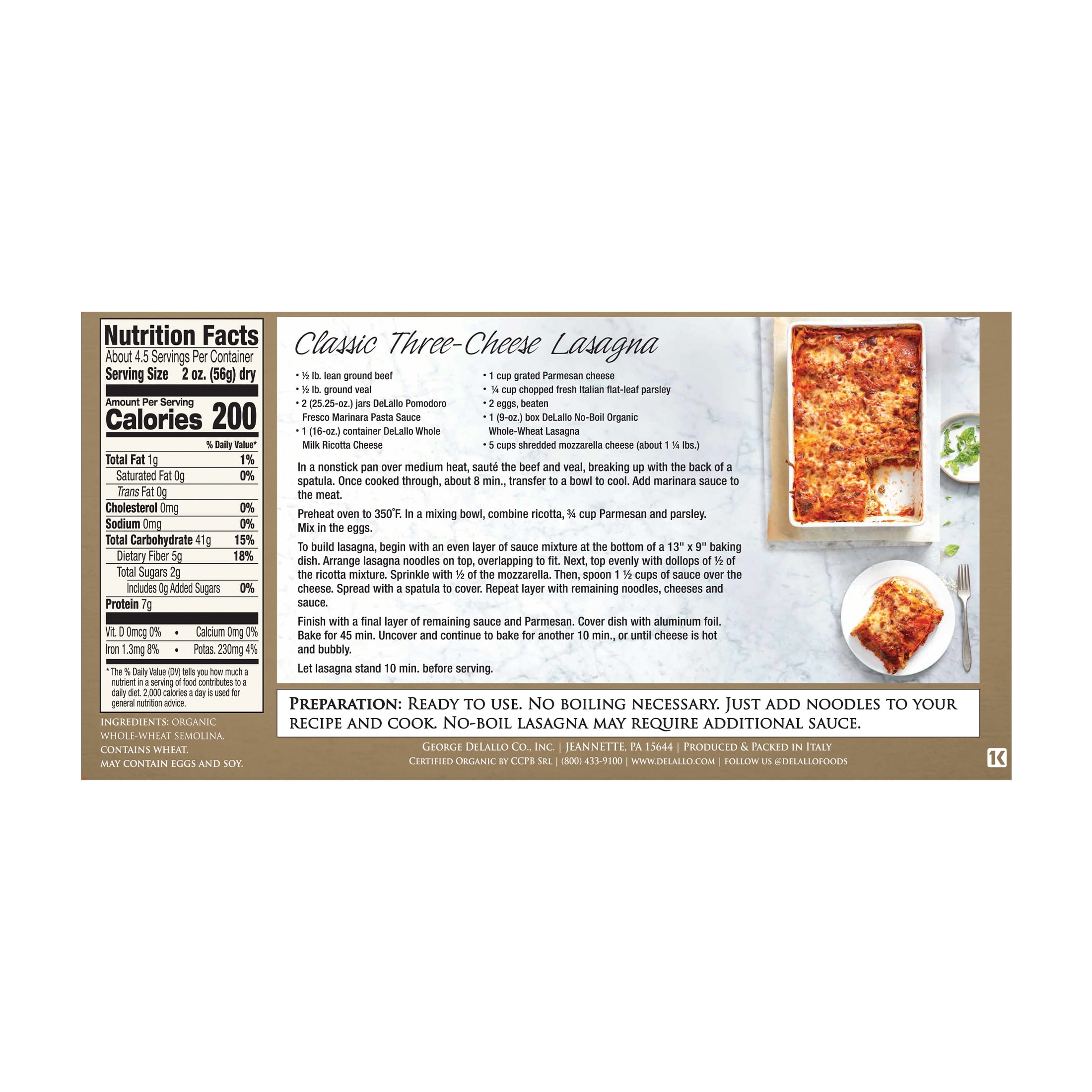 DeLallo Whole Wheat Lasagna Noodles, Whole Grain, Organic, 9 oz Box, (8 Pack)