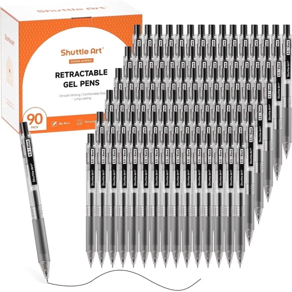 Shuttle Art Permanent Black Gel Pens, Ink Glide Series 90 Pack Retractable 0.5mm Fine Point Rollerball Gel Ink Pens Bulk Set Quick Drying Smooth Writing with Grip for Journaling Note Taking