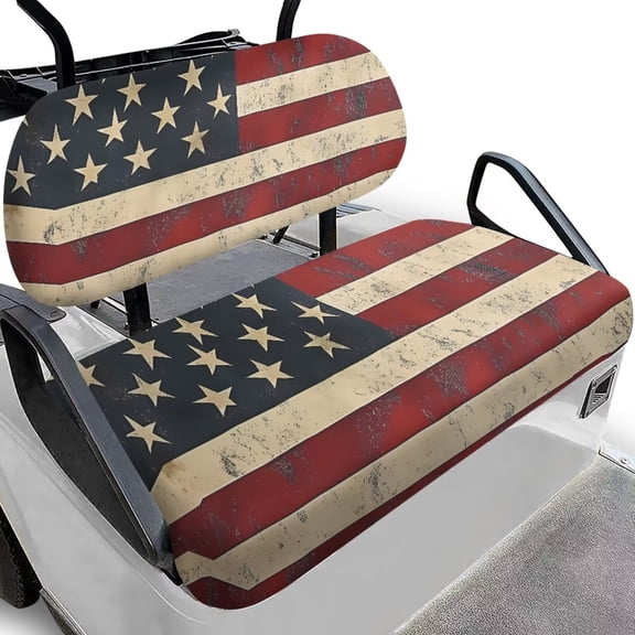 Uorisanigo Golf Cart Seat Cover Sets 2 PCS Include Bench Seat Cushion and Backrest Cover, Universal Retro American Flag Golf Cart Seats Protection with Adjustable Rope