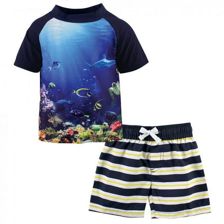 UPC: 0660168252873 | Hudson Baby Infant Boy Swim Rashguard Set Boy Coral Reef 3-6 Months
