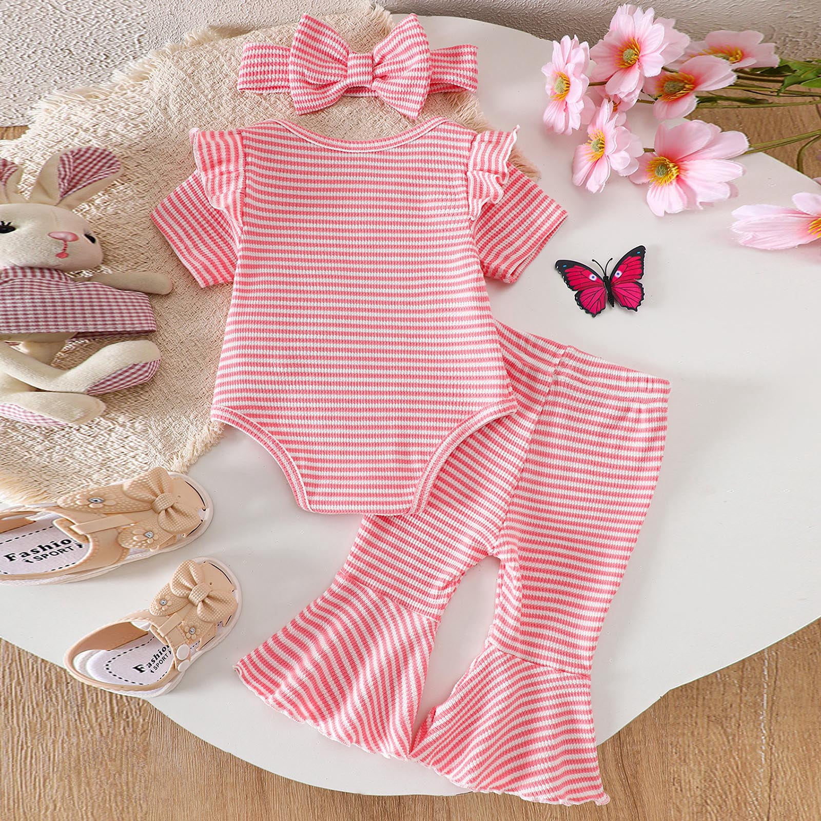 Faraee Summer Baby Girl Clothes Ruffle Short Sleeve Tops Romper Bell Bottom Flare Pants Set Infant Newborn Stripeds Cute Outfit 0 3 6 12 18 24 Months Pink