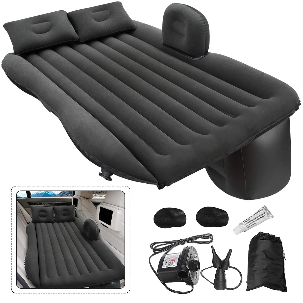 Inflatable Travel Camping Car Seat Sleep Rest Mattress Air Bed W/ Pillows-Black 