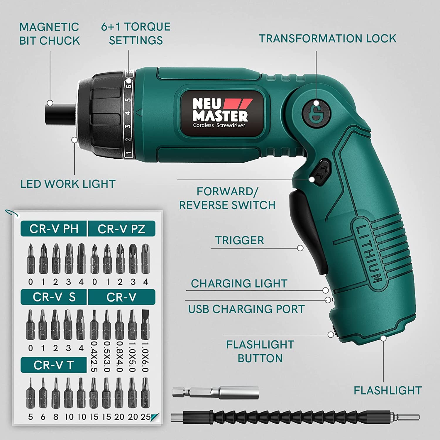 NEU MASTER 4V Cordless Electric Screwdriver, 6+1 Torque, 32pc Bits, Pivoting Handle & Dual LED Lights , Rechargeable 2000mAh Battery for Home DIY & Professional Use
