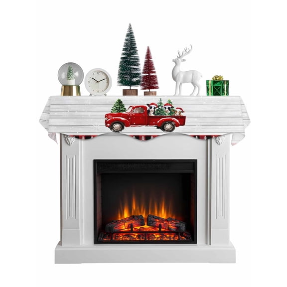 Christmas Truck Mantel Scarf Fireplace Decorations for Living Room, Xmas Tree Red Plaid Snowflake Vintage Fireplace Mantel Scarf Cover Runner for Halloween/Thanksgiving/Christmas Decor 90"x17"