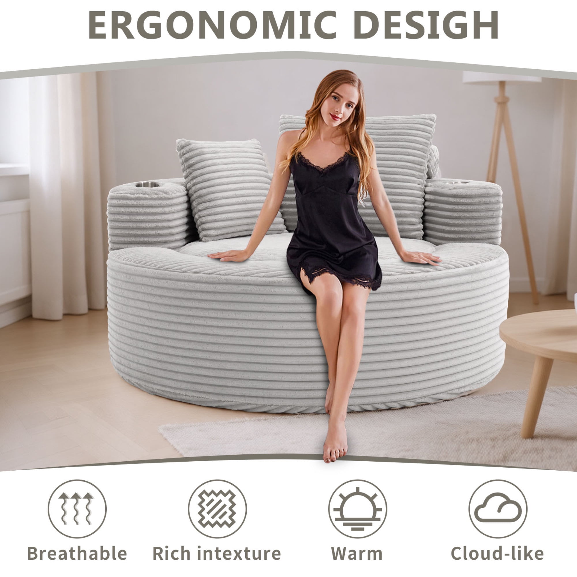 Leumius Oversized Round Chaise Lounge Sofa,Upholstered Lounge Chair with 2 Pillows and Cupholders,Boneless Sofa Couch with Memory Foam,Deep Seat Sleeper Chair for Living Room,No Assembly,Gray