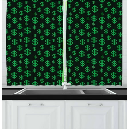 Living In A Dollar Money Curtains 2 Panels Set, Pixel Art Inspirations in Eighties Style Dollar Sign Banking Business, Window Drapes for Living Room Bedroom, 55W X 39L Inches, Dark Green Lime Green, by Ambesonne ()