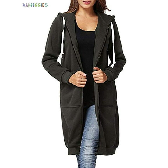 BadPiggies Women Zipper Hoodie Long Coat Casual Sweatshirt Fleece Outwear Winter Warm Jacket (XL, Dark Gray)