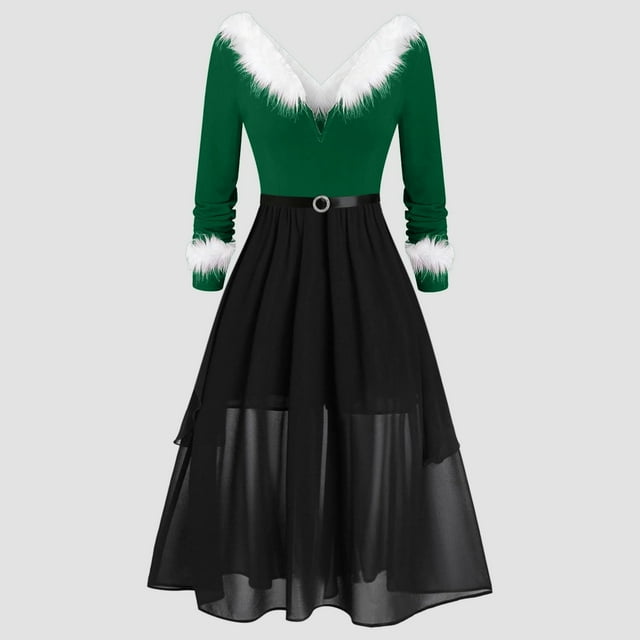 TaTaai Women's V Neck Long Sleeve Dress Faux Fur Collar Mesh Asymmetrical Hi Lo Hem with Belt Evening Party Gown Fall Winter Gift