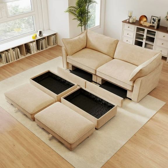 2 Seater Sofa With Footrest , 2-Seat Sofa with 2 Movable Ottoman,  Pull out Storage Drawer Under Each Seat,Chenille Wheat