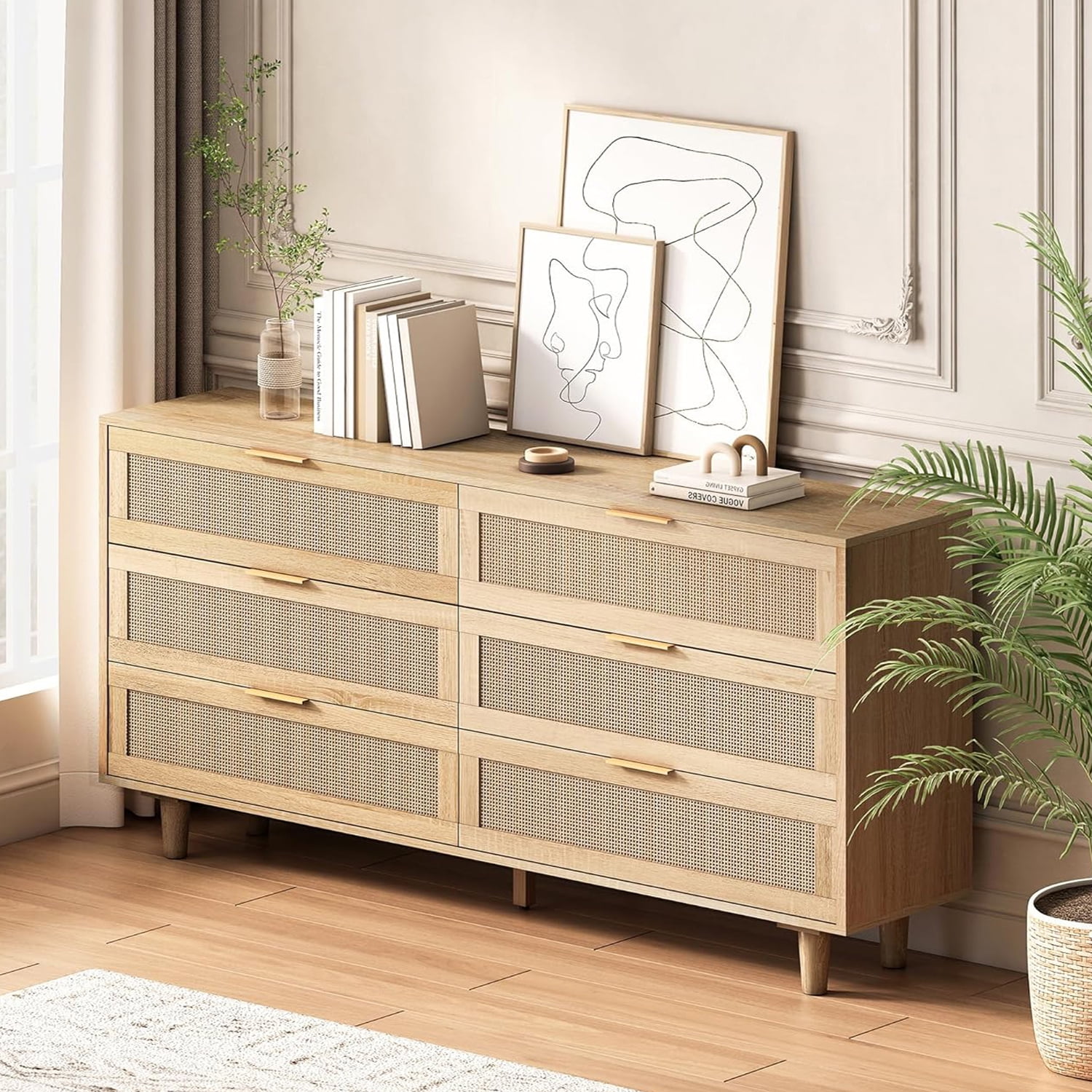 Rattan Dresser for Bedroom, Modern 6 Drawer Dresser, Wooden Storage Chest of Drawers for Living Room, Hallway (Natural)