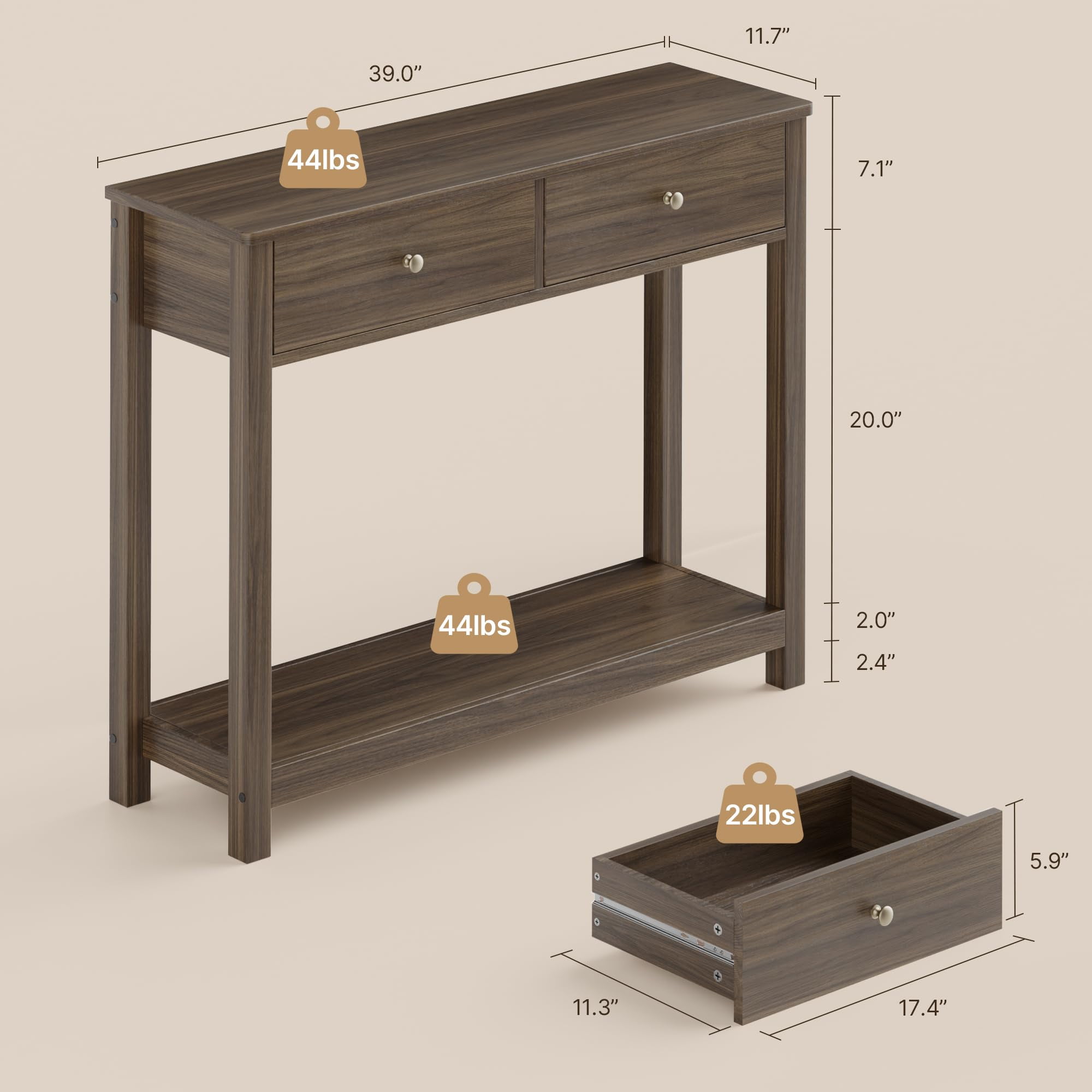 Aiho Console Table 39" with Drawers, Wood Entryway Table Hallway Table with Open Storage, Sofa Table for Living Room, Foyer and Corridor - Retro
