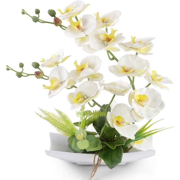 Flores artificiales de bonsái de orquídeas falsas decorativas blancas de tacto real con macetas de porcelana de imitación, arreglos de flores de Phalaenopsis para decoración del hogar