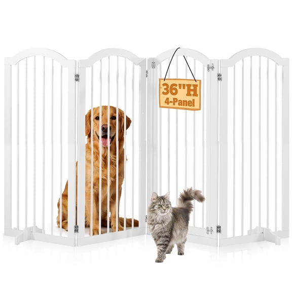 TrumanPick 36" H Extra Tall Dog Gates for Doorways, 4-Panel Foldable Pet Gate, 2 Support Feet Dog Fence for Stairs 92"L, White