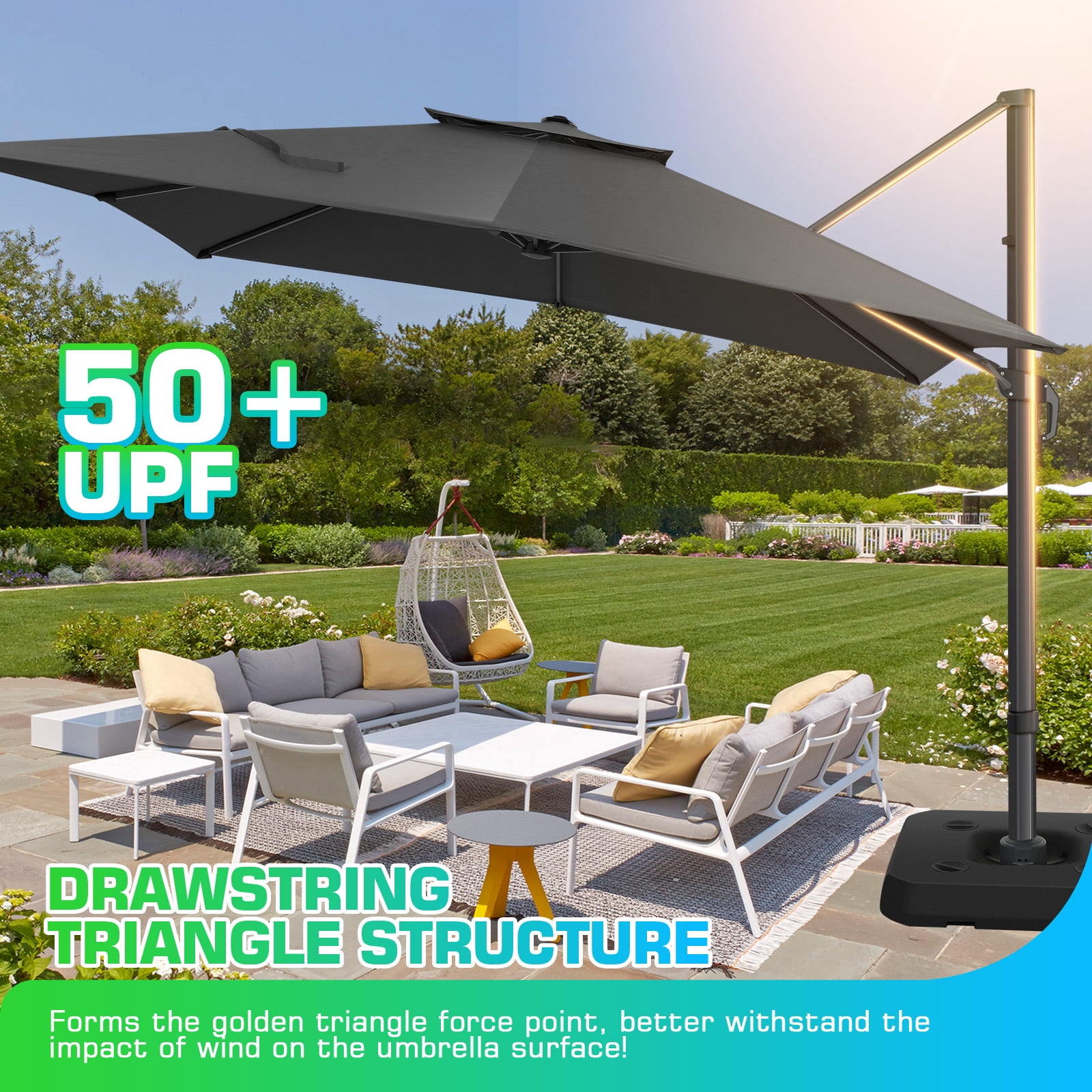 HOTEEL 10ft Patio Umbrella Outdoor Square Large Cantilever Windproof Offset and Heavy Duty Sun Umbrella for Garden Deck Pool，Gray