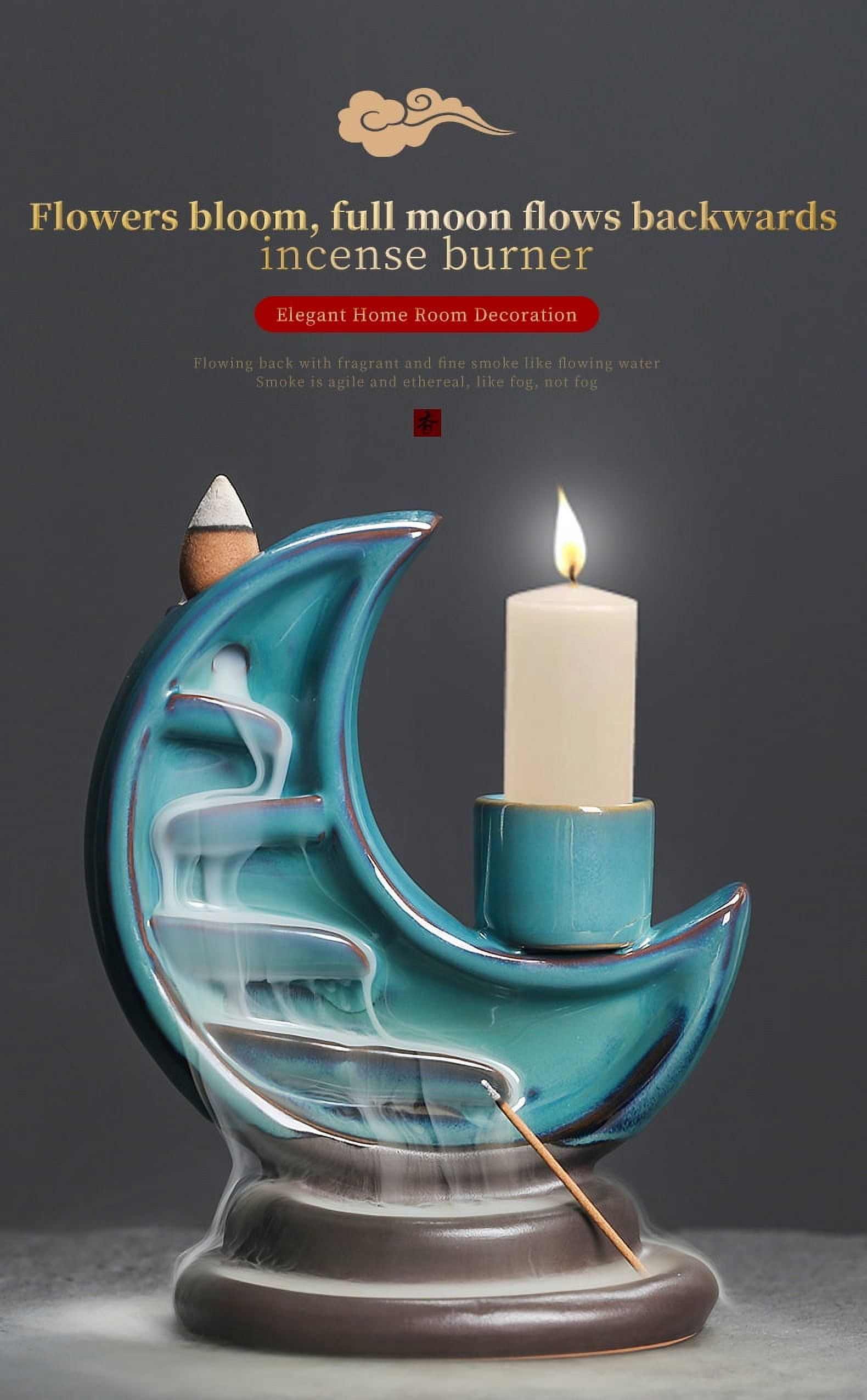Lotus Pond Backflow Incense Burner Creative Moon-Shaped Ceramic Candle Holder Zen Incense Stick Tray Home Decoration for Yoga Meditation