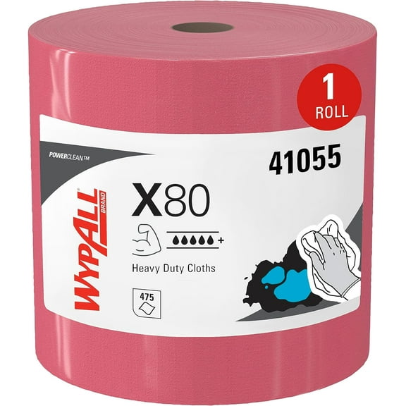 WypAll PowerClean X80 Cloths Heavy Duty Wipes (41055), Jumbo, Extended Use Towels, Red (1 Roll of 475 Sheets, 475 Sheet Total)