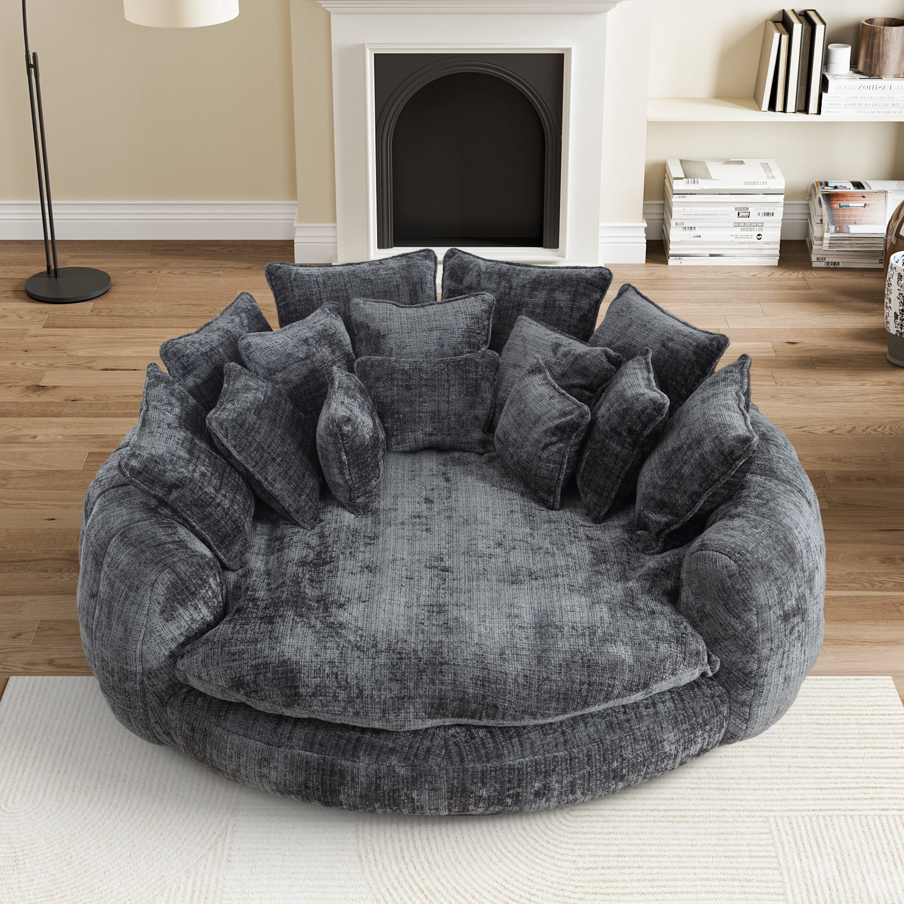 Rophefx 81.1" Oversized Round Chaise Lounge Sofa Bed,Fluffy Plush Cloud Couch with Deep Seat and 14 Pillows,Modern Comfy Couch for Living Room Apartment,Dark Grey