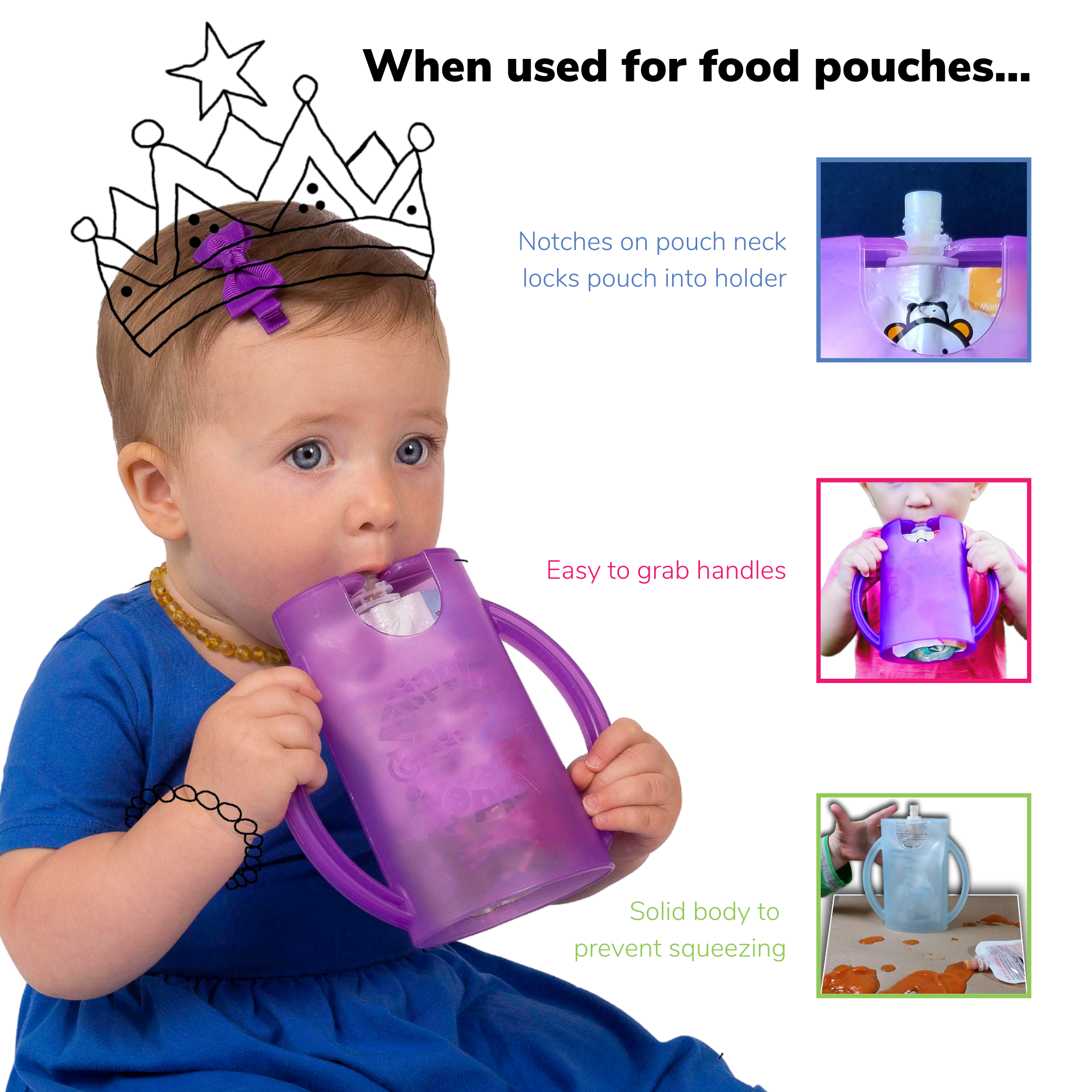Squeeze Proof Flipping Holder ORIGINAL (without lid) for Food Pouches & Juice Boxes (Green) - Multipurpose Design - Prevent Messes & Support Self-Feeding - Handles for Easy Grasping