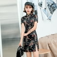 thumbnail image 4 of Women Summer Cheongsam Stand Collar Dragon Phoenix Print Split Hem Qipao Slim Fit Retro Chinese Style Above Knee Length Wedding Party Cocktail Dress, 4 of 8