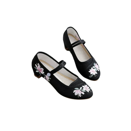 

Difumos Ladies Breathable Chunky Heel Dance Shoe Traditional Floral Mary Jane Work Comfort Dress Pump Black 7