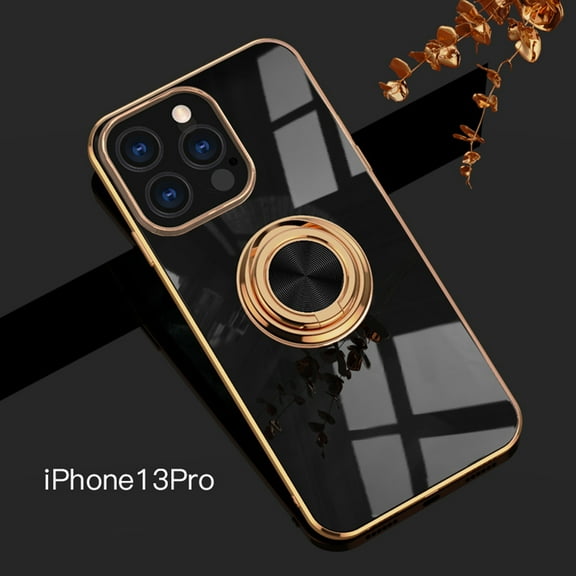 Electroplated Case for iPhone 13 Pro, Slim Thin Light Plating Frame Rotatable Metal Ring Holder Bracket Cover with Magnetic Car Mount Rugged Shockproof Anti-Scratches Case,Black