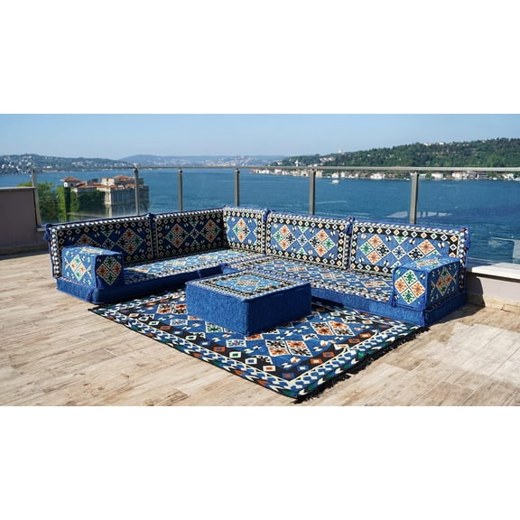L Shaped Arabic Floor Sofa Set, Corner Sofas, Blue Turkish Sofa Bed, Couch Bed, Sofa Bed, Seating Cushion, Modular Sofa, Sofa for Living Room