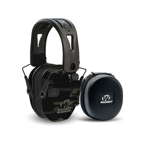 Walker's Razor Tacti-Grip with Rubber Headband (Multicam Gray Camo) Bundle with Shooting Hearing Protection Black Case (2 Items)