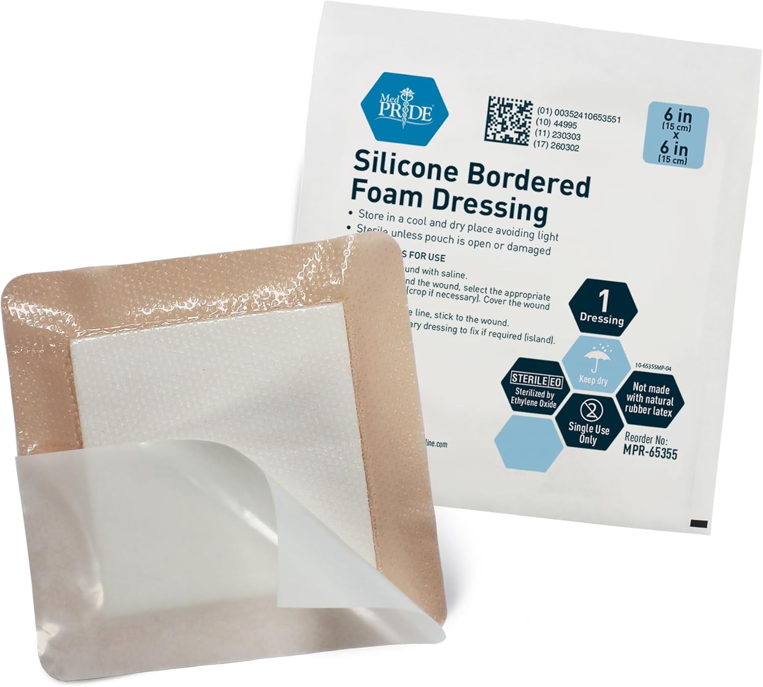 Med Pride Silicone Bordered Foam Bandages for Wounds 6x6 Inch, 10 pack Adhesive Sterile Silicone Foam Dressing