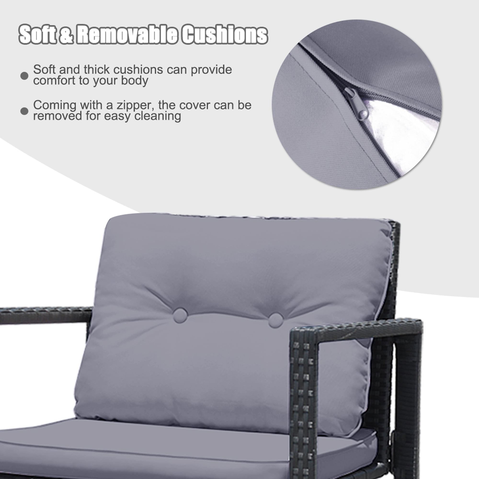 Gymax 3PCS Rattan Rocking Chair Table Set Patio Furniture Set w/ Grey Cushions