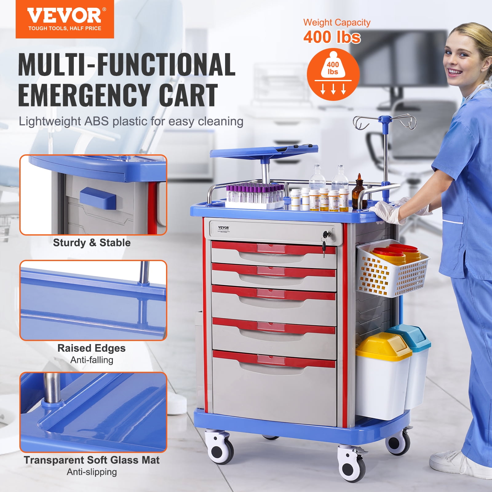 VEVOR 5 Tiers Lab Carts, Lab Utility Cart with 5 Drawers & 4 Silent Wheels, Mobile Medical Cart with PP Material, Lab Rolling Cart with 2 Trash Cans for Lab, Clinic, Hospital, Salon, Blue
