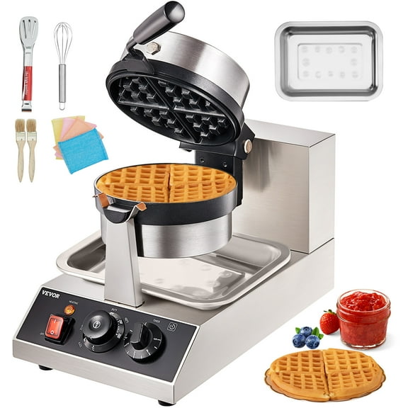KFFKFF 1300W Rotatable Non-Stick Waffle Iron 120V Commerical Round Waffle Maker