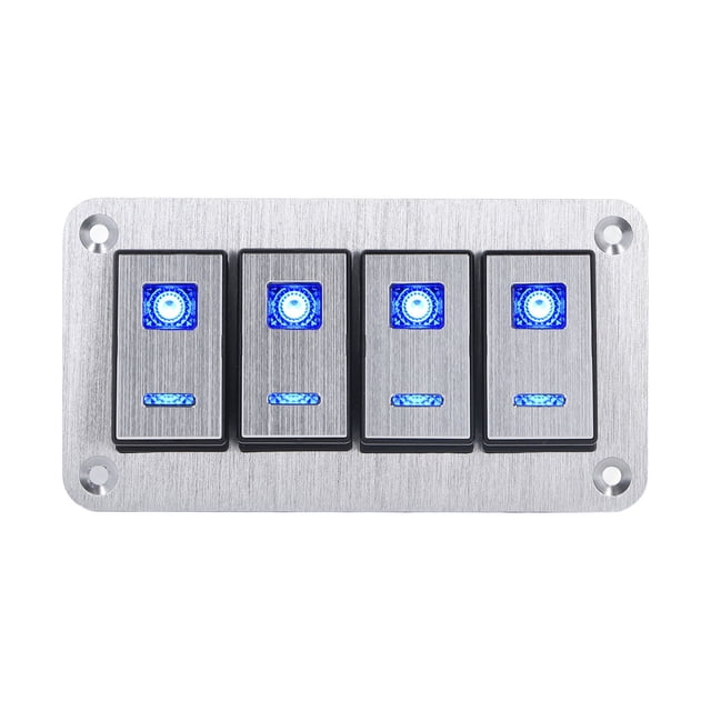 Panel de interruptor basculante de 4 entradas, 5 pines, encendido, apagado, SPST, retroiluminación azul, aleación de aluminio precableada para coches, RV, autobuses, remolques, UTV