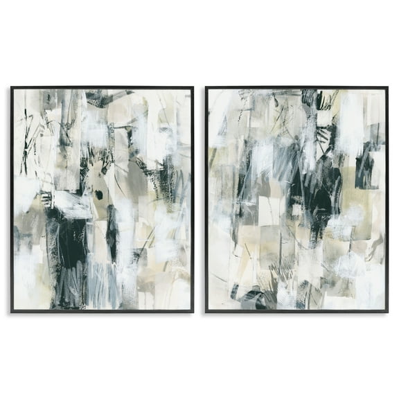 Stupell Industries Abstract Charcoal and Beige Abstract Painting Black Framed Art Print Wall Art, 11 x 14, Set of 2