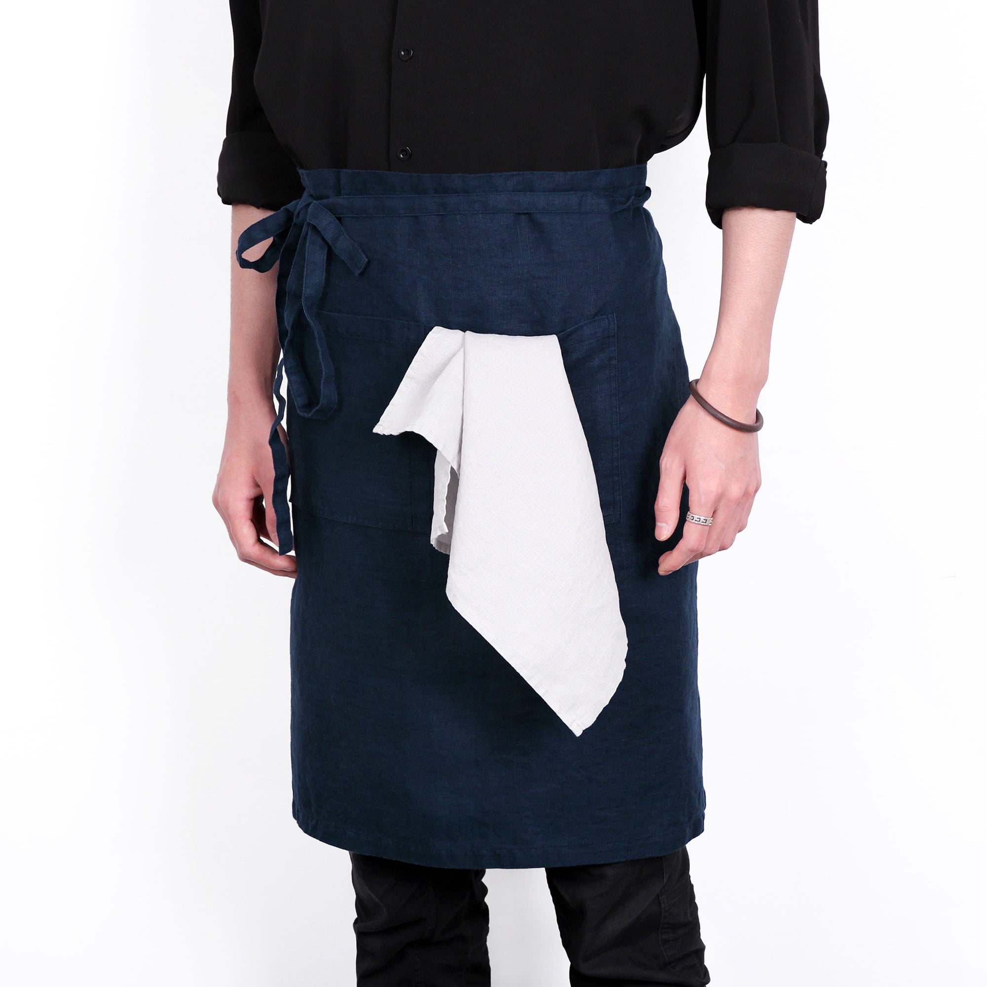 100% Linen Bistro Apron with Pockets 25x35 inch - Unisex Half Apron - Navy