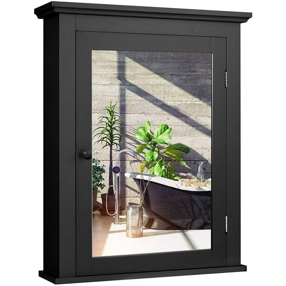Giantex Bathroom Medicine Cabinets, Wall Mount Mirrored Storage Cabinets w/Single Door & Adjustable Shelf, Multipurpose Wooden Organizer for Hallway Living Room Bedroom, Black