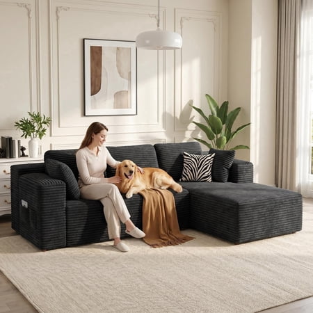 Lofka 105" Black Sofa for Living Room with Pet-Friendly Soft Corduroy, Free-Assembly