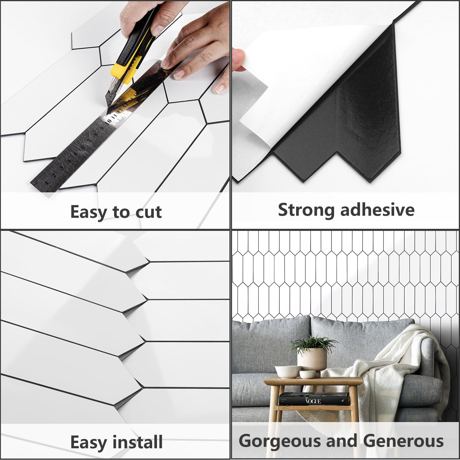 Glossy White Backsplash Peel And Stick  12.8 X 12.8 Inch 10 Sheets Long Hexagon Pvc Self Adhesive Mosaic Wall Tiles On For Kitchen Bathroom