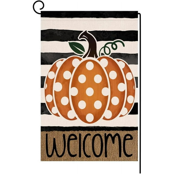 Shmbada Fall Thanksgiving Welcome Garden Flag 12x18 Vertical Double Sided Orange Polka Dots Pumpkin Autumn Holiday Outside Decorations Burlap Yard Stripe Flag