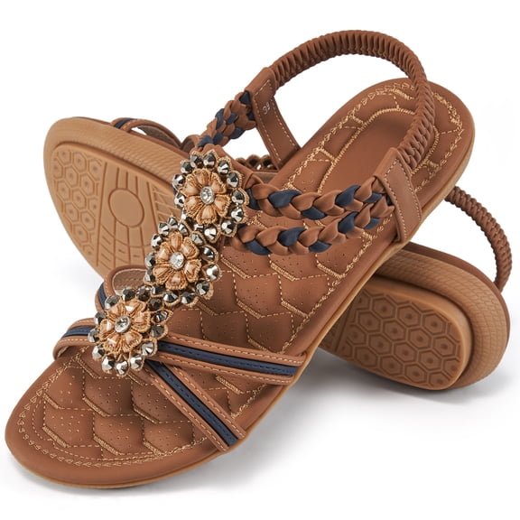 Ablanczoom Womens Sandals: Rhinestone Flower Comfortable Summer Flat Sandals for Women Beach Shoes
