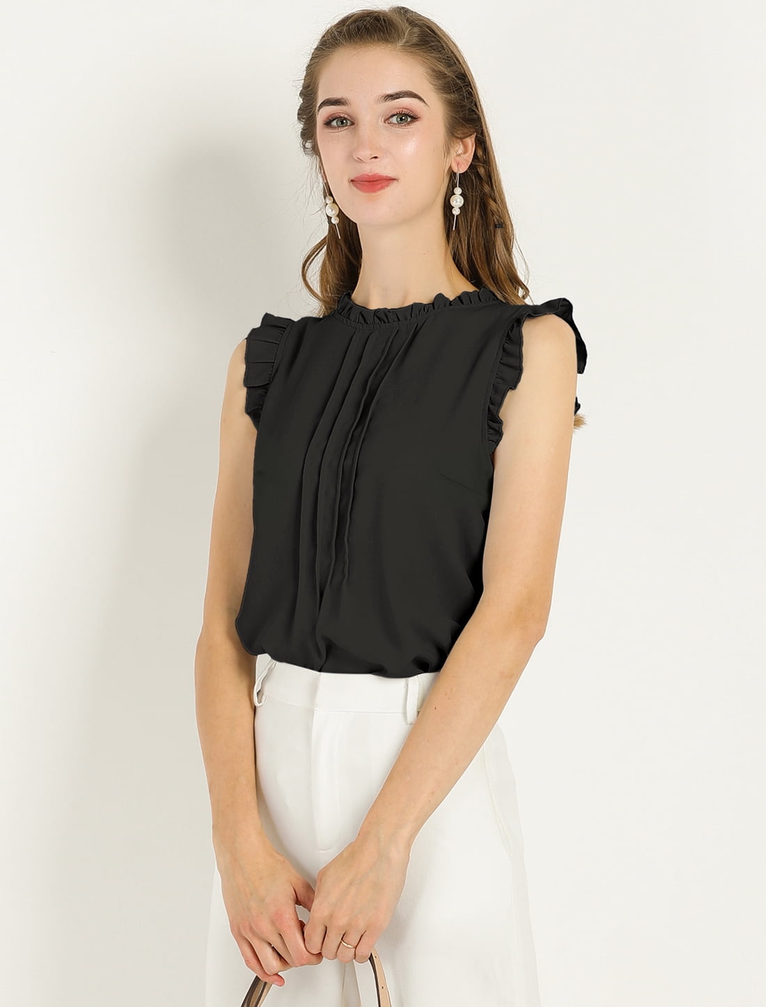 DARING DIVA Ruffled Trim Pleated Plain Blouse Top 3XL Black