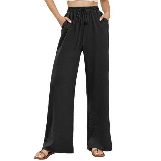 Pantalones palazzo de cintura alta y pierna ancha para mujer: ligeros, con cordón en la cintura, bolsillos, pantalones casuales de verano.