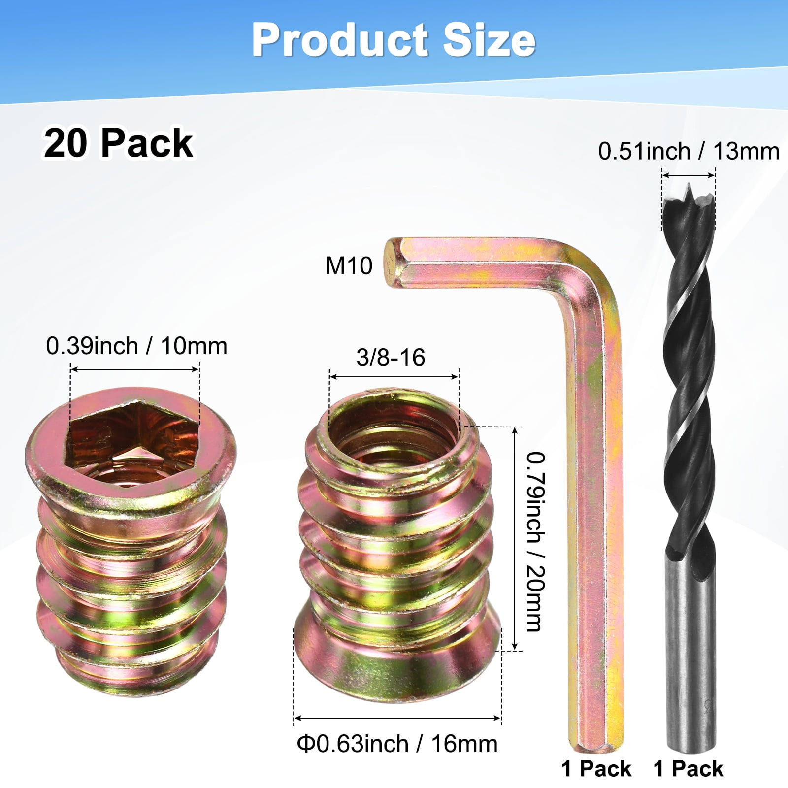 20-Pack Threaded Inserts for Wood, 3/8-16x20mm Hex Drive Threaded Insert Nuts, with a Hex Wrench and Drill Bit [Gold Tone]