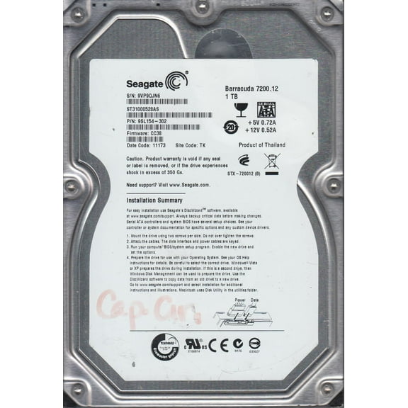 ST31000528AS, 9VP, TK, PN 9SL154-302, FW CC38, Seagate 1TB SATA 3.5 Hard Drive