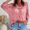 thumbnail image 2 of Kilaqueen Womens Bohemian-Inspired Crochet Top Summer Casual Batwing Sleeve V-Neck Hollow Out Beach Cover-Up Plus Size Knit Pullover Swimsuit Coverups, 2 of 7